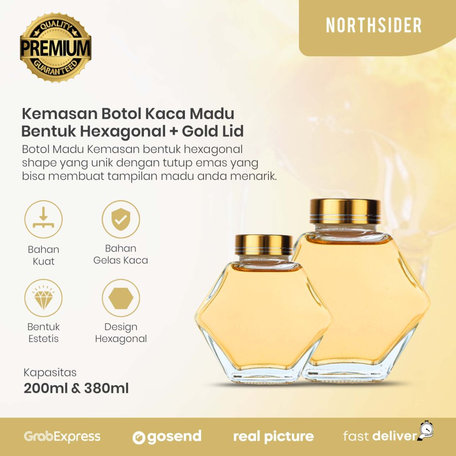 BOTOL KACA MADU HEXAGONAL KEMASAN MADU TUTUP GOLD LID HONEY GLASS JAR