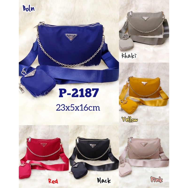 REAL PICT BEST SELLER TAS WANITA PRADA SELEMPANG AT-2187 SET POUCH SLING BAG IMPORT #AT