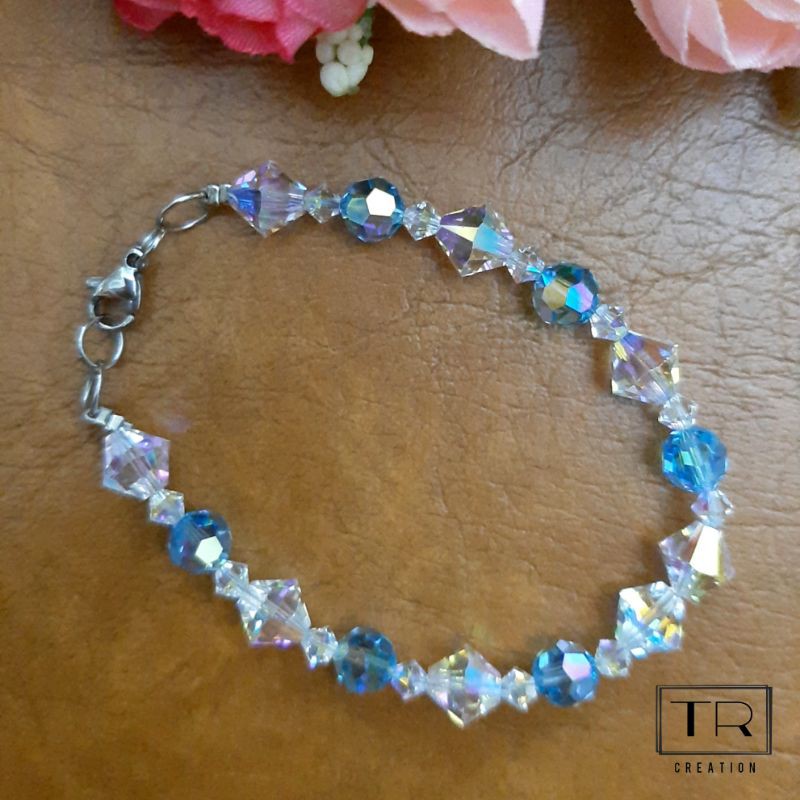 Gelang Swarovski Original warna Aquamarine mix Crystal ab