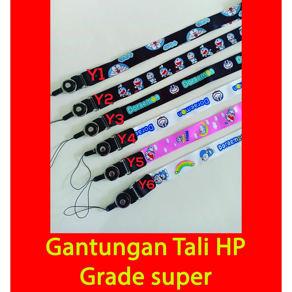 tali gantungan hp gambar &amp; motif doraemon hitam biru putih pink grade super