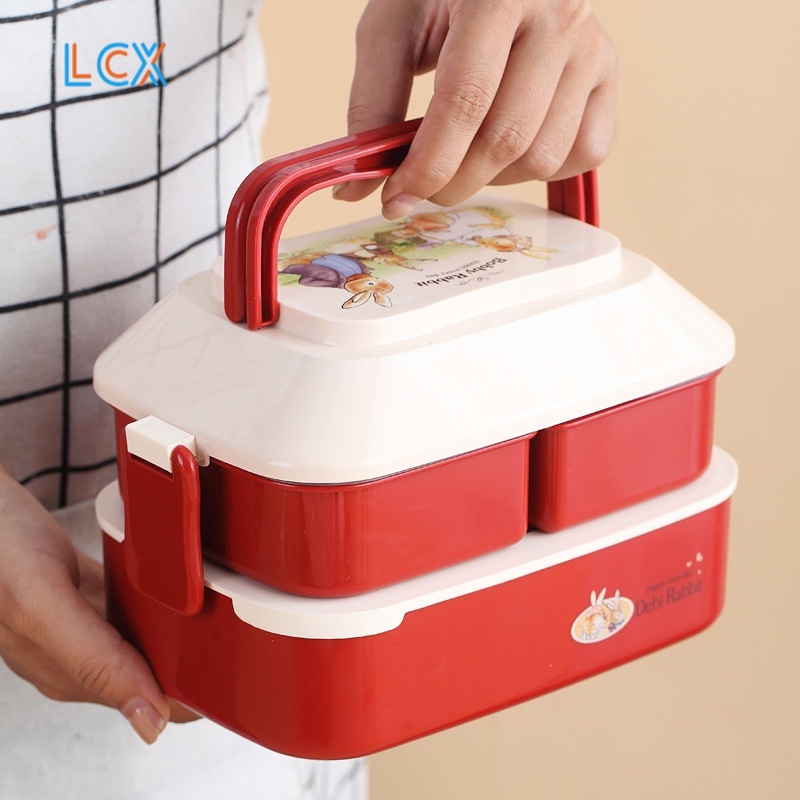 LCX 2 Layer Tempat Makan Kotak Makan Bento Lunch Box Kartun Makan Anak Wheat Straw Kotak Makan VS-75