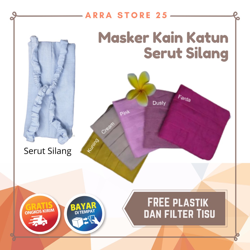 Masker kain katun 2 lapis kain + 1 slot tissue Serut headloop (Hijab) Ready Stock