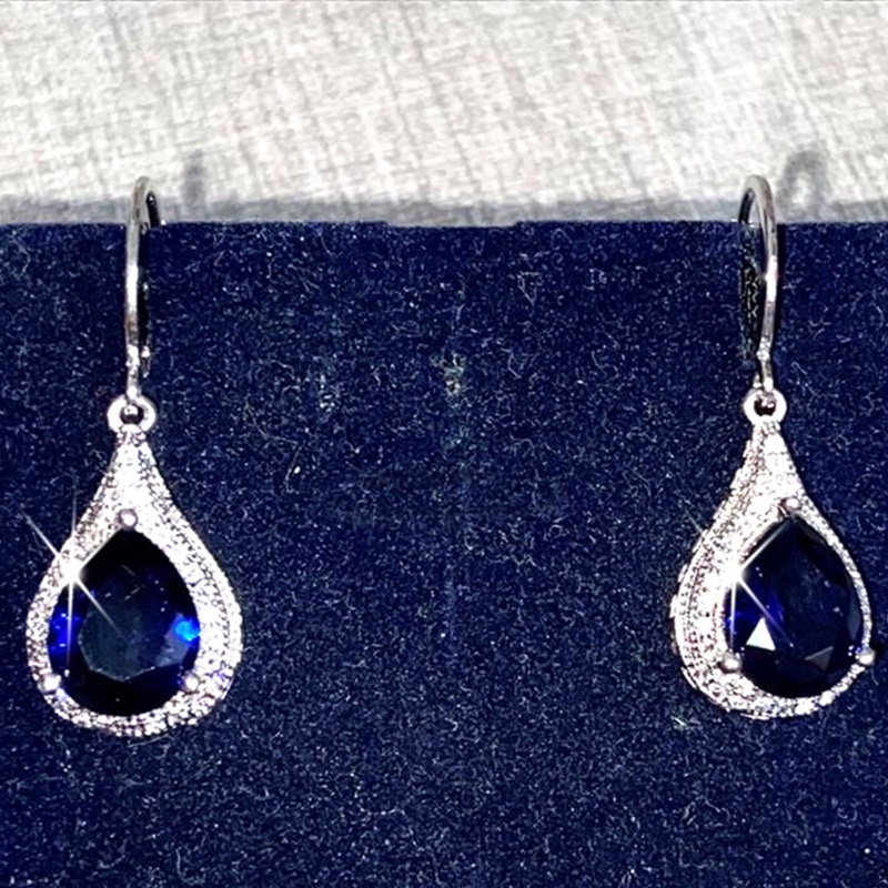 Anting Juntai Cubic Zirconia Bentuk Water Drop Warna Biru Untuk Wanita