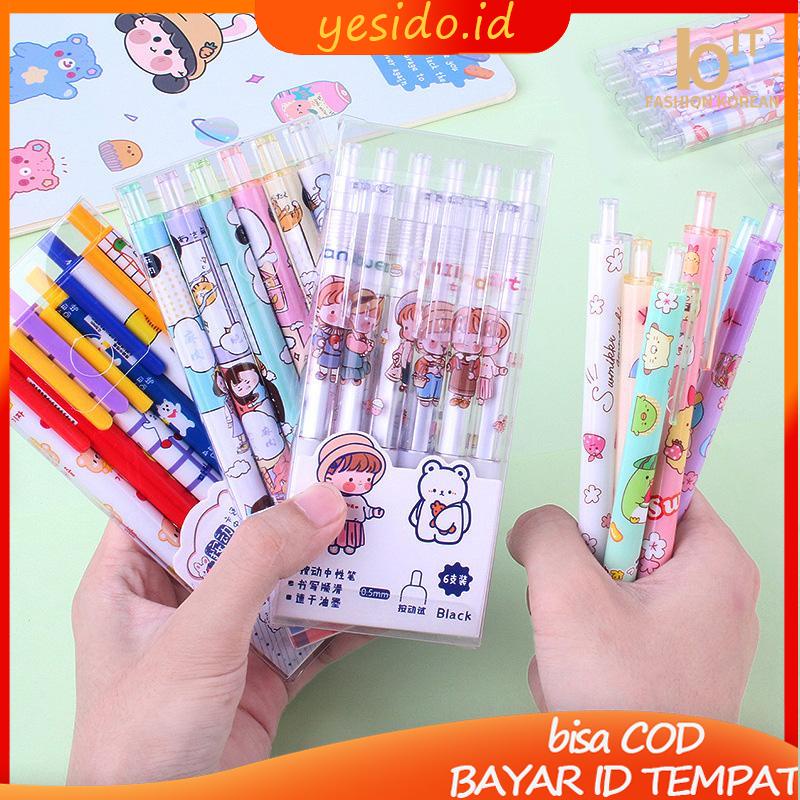 

[COD]1 Set 6 pcs Pulpen Gel Mekanik 0.5mm / Ballpoint Mekanik Pulpen Berkarakter Bermotif Lucu -YES