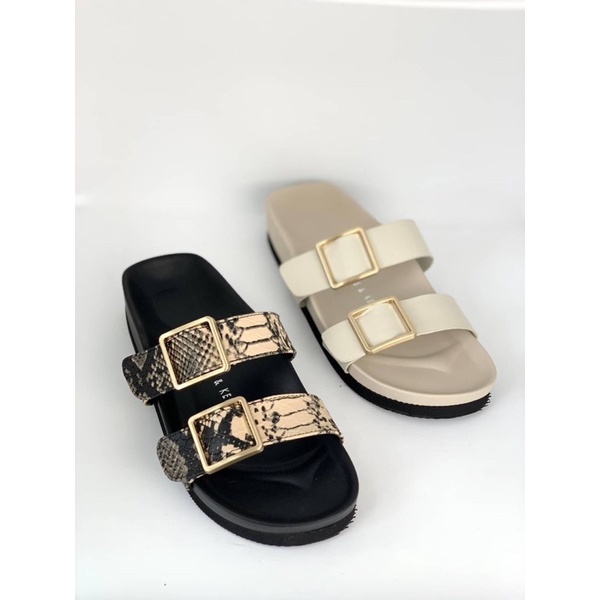 Sepatu Sendal Platforms Wanita CK Flatform Belt Sandals Premium Import Hitam Black Snake Pattern Mot