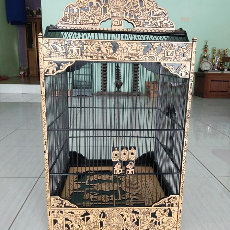 sangkar burung kotak ukir cukit motif wayang