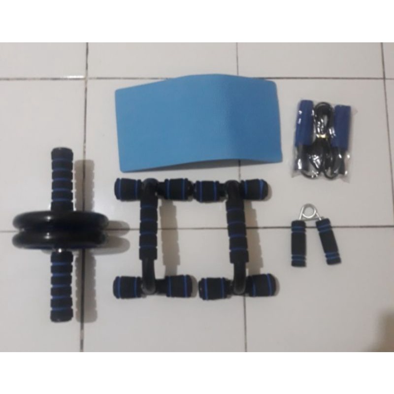 Paket Olahraga Gym Fitness Dirumah Push Up AB Wheel Roller Tali Skipping Hand Grip Set 4 in 1