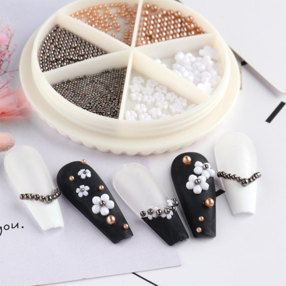 Timekey 6 Sekat / Kotak Bola Mutiara Putih Campur Untuk Dekorasi Nail Art DIY it A9K4