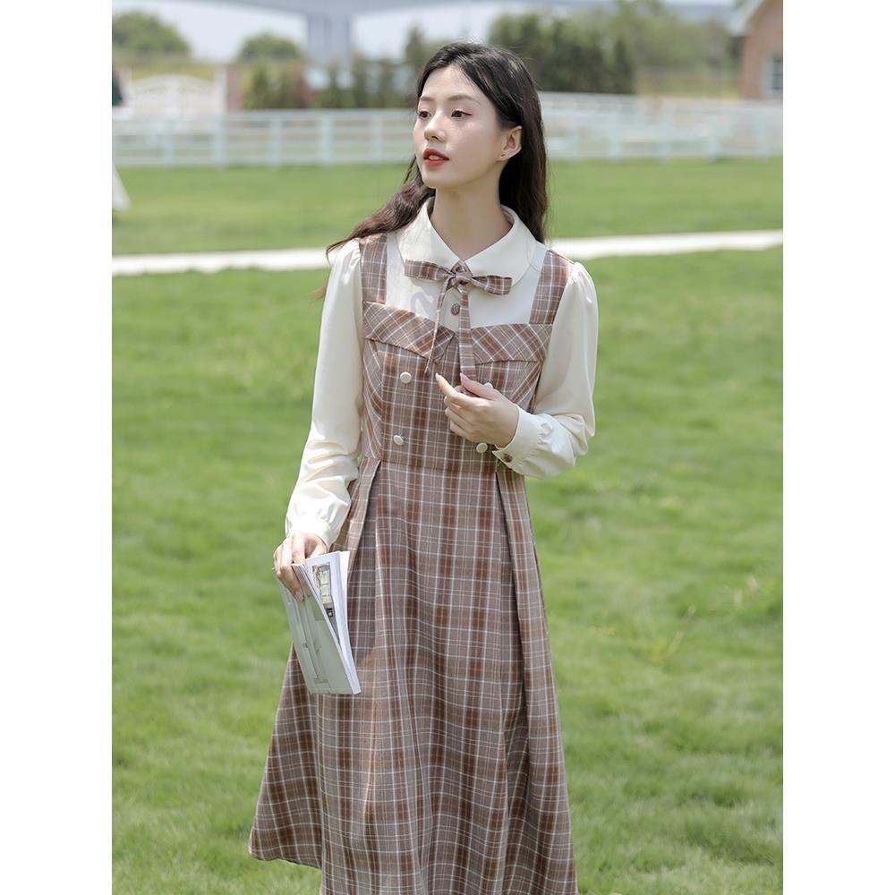 New women's fake two piece set waist French retro Plaid long sleeve early autumn temperament dress l