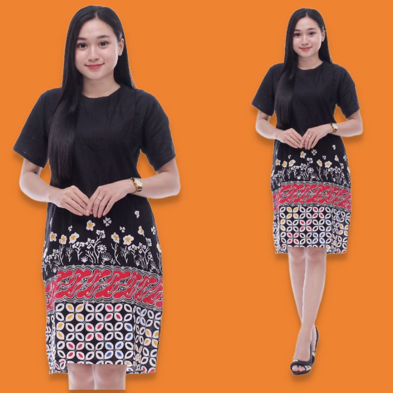 DRESS BATIK LENGAN PENDEK MODERN EKSKLUSIF HITAM MANIS