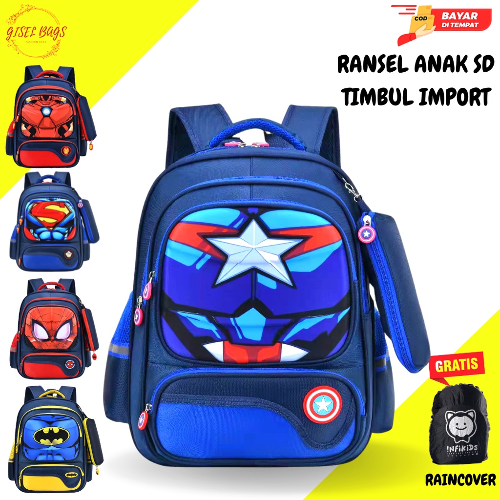 Tas anak laki laki sekolah sd gambar timbul karakter superhero waterproof