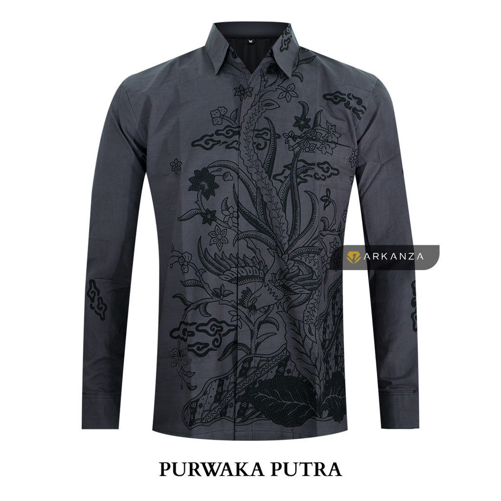 BATIK ARKANZA Motif PURWAKA PUTRA Hem Atasan Kemeja Baju Batik Pria Cowok Produsen Slimfit Memakai Furing Lengan Panjang