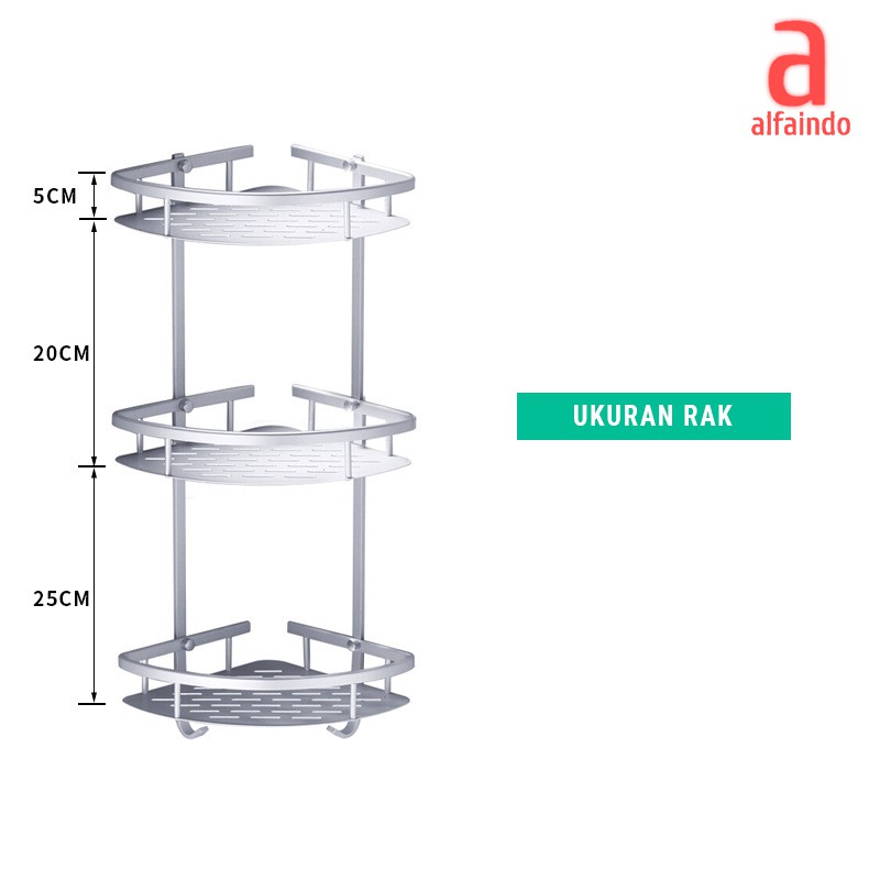 Alfaindo Rak Kamar Mandi Sudut Dinding  Minimalis Alumunium 3 Susun AD 2N3S