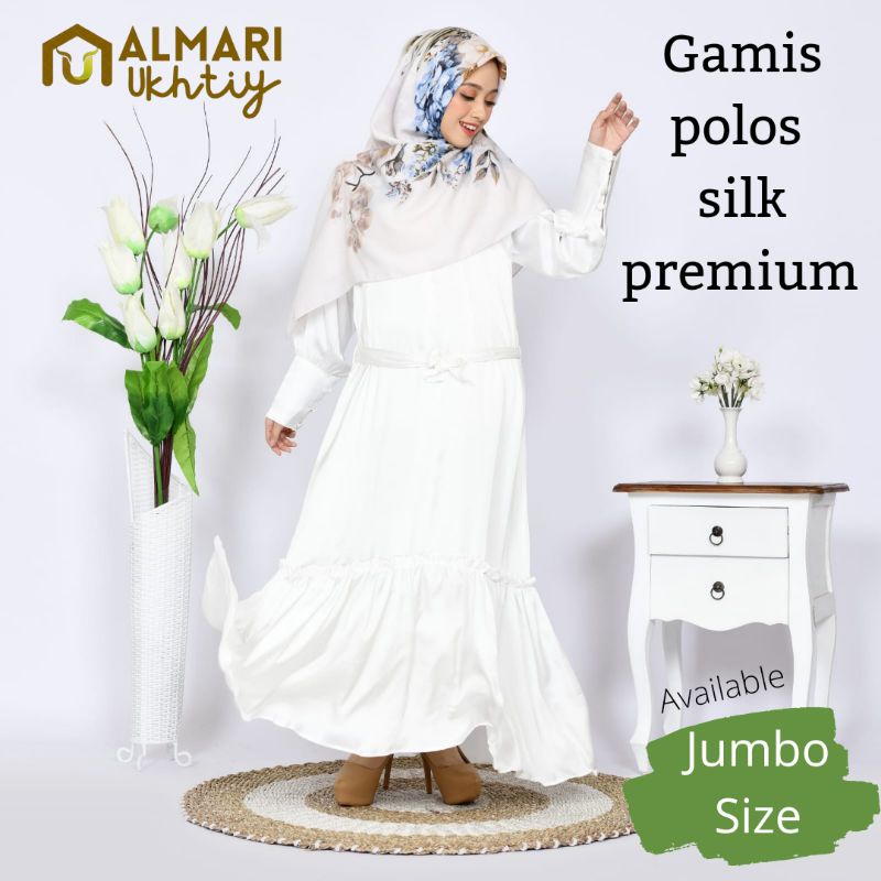 SALE Gamis Putih Mewah Pesta Lebaran  silk polos terbaru jumbo size | Armani silk premium - broken white