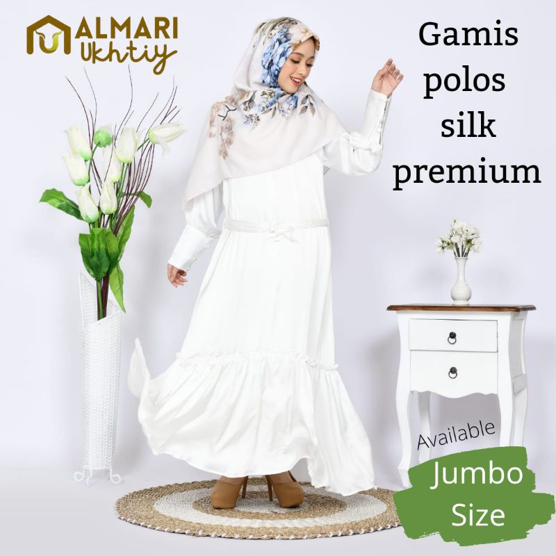 SALE Gamis Putih Mewah Pesta Lebaran  silk polos terbaru jumbo size | Armani silk premium - broken w