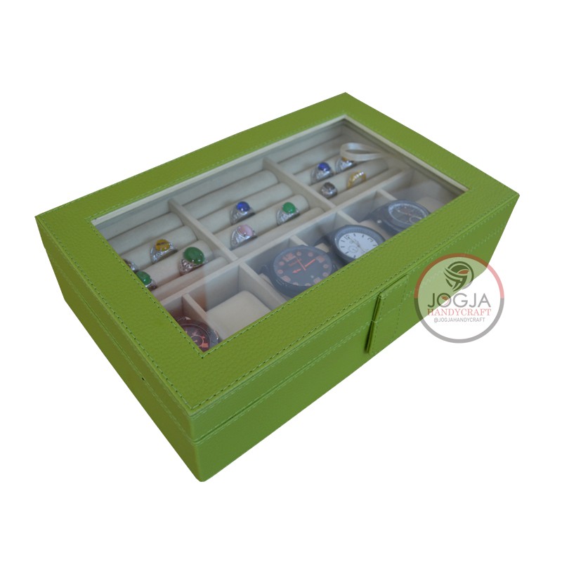 Kotak Tempat Jam Tangan Kombinasi Tempat Cincin | Watch Box Mix Ring Green Cream (Kualitas Super)