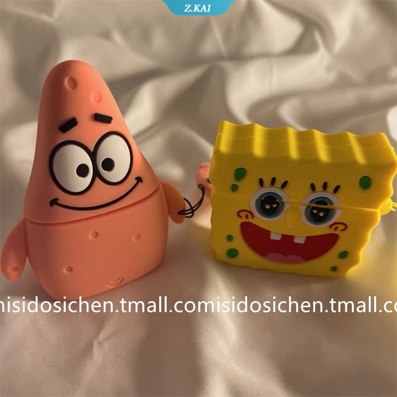 Casing Silikon Motif SpongeBob SquarePants Patrick Star + Gantungan Kunci Untuk Simpan Earphone Wireless Bluetooth AirPods 1 / 2 / 3pro