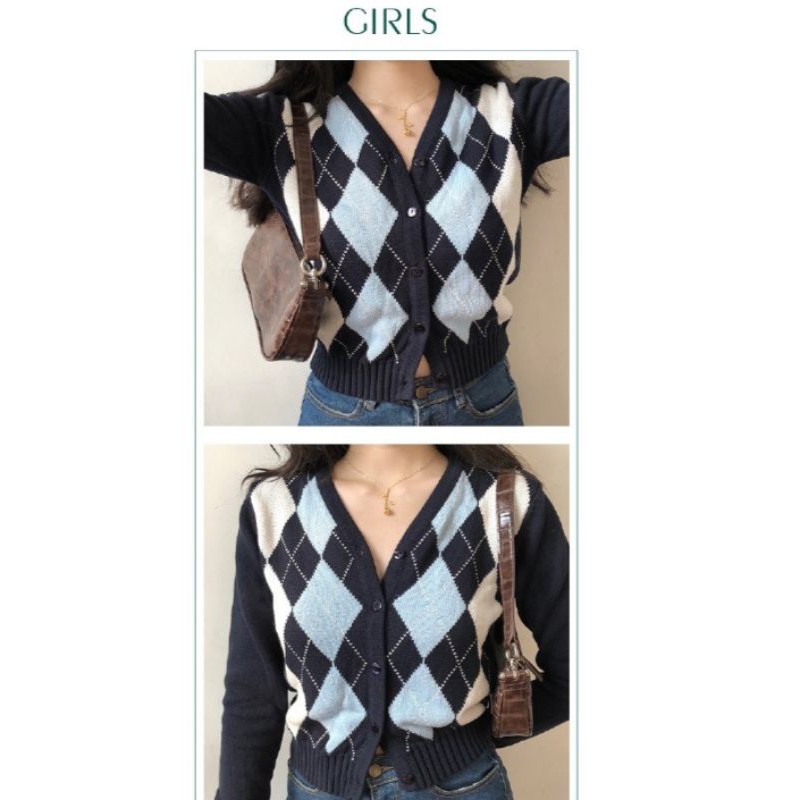 Cardigan Crop Top ARGYLE V-Neck  Fashion Korea Tangan panjang Bahan Rajut