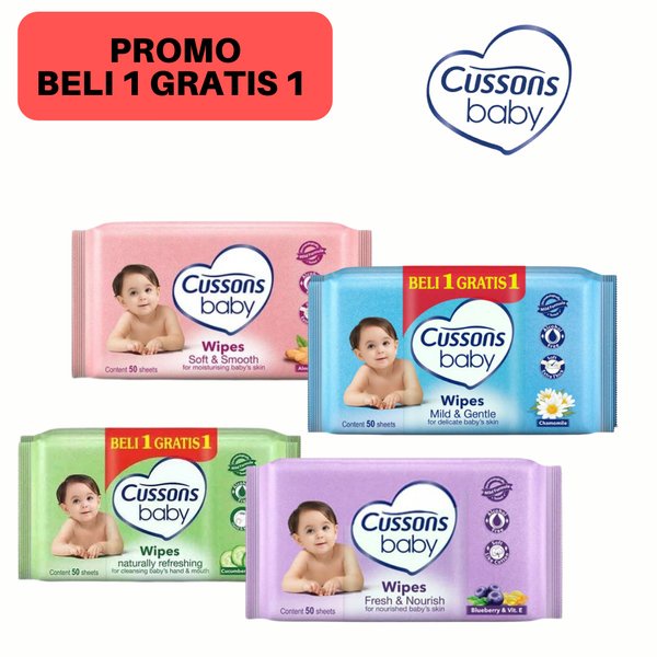 Cussons Baby Wipes Pure &amp; Gentle - Tisu Basah Bayi - Ganti Popok 50's X2