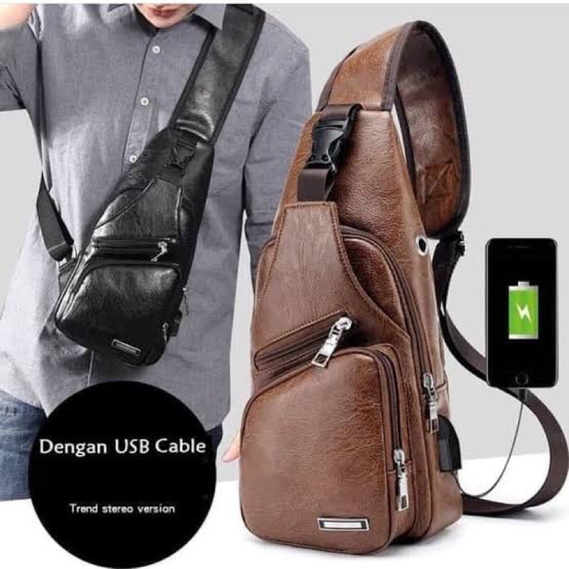 TAS PRIA Slempang USB Cowok Sling Bag WAIST BAG Kulit Premium PU USB Port