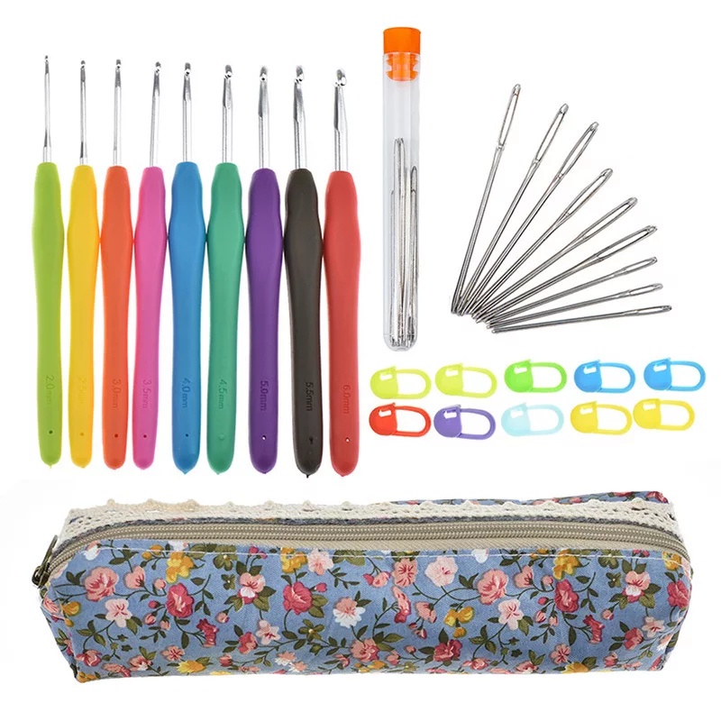 Hakpen set + aksesoris rajut + pouch bunga HAP28