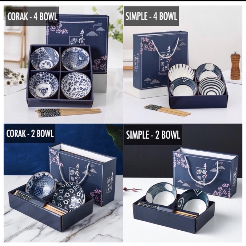 Mangkok Set Japan 4PC Motif Antik Bahan Keramik Plus Paper Bag dan Sumpit