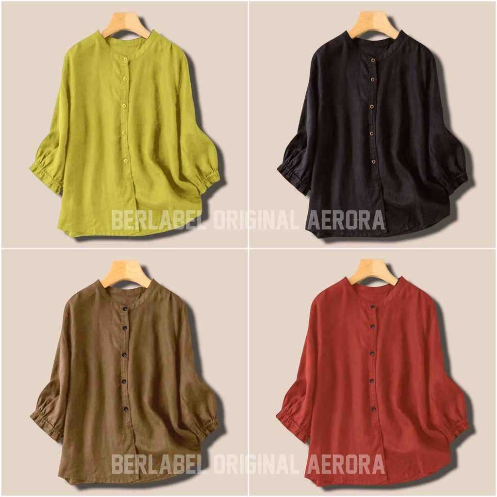 Jennia Kemeja Blouse Linen Polos Jumbo Kerah Shanghai Oversize Shirt Wanita Basic Premium Korean Style Kekinian Ld 120 PJ 65