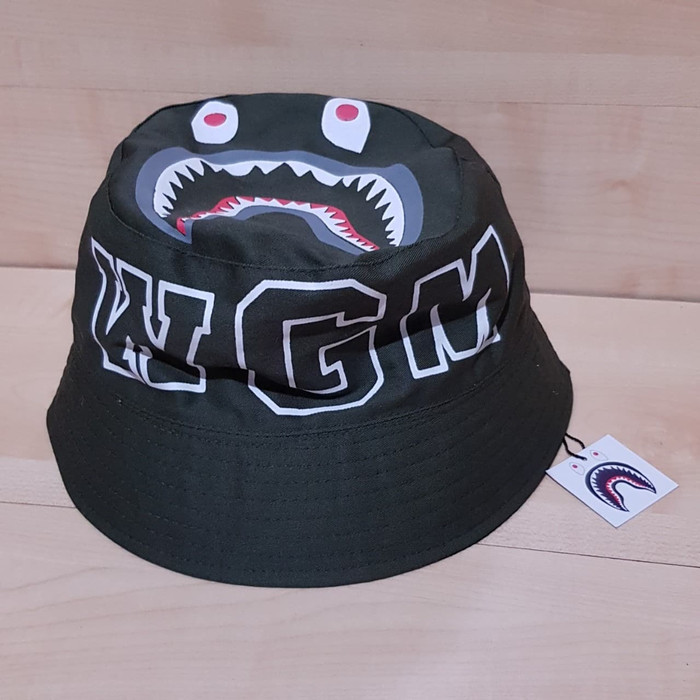 TOPI BUCKET HAT A BATHING APE BAPE SHARK WGM OLIVE