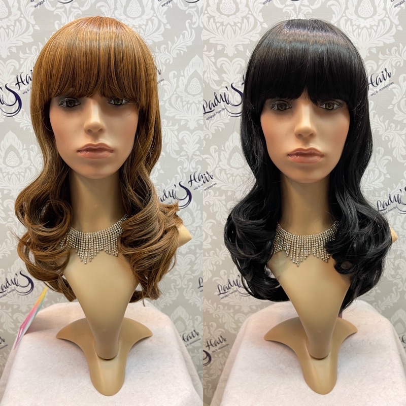 wig wanita rambut palsu ikal sebahu berponi natural