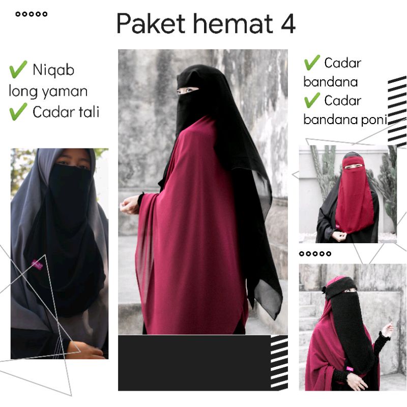 Paket Hemat 4 cadar tali + cadar bandana + bandana poni + long yaman