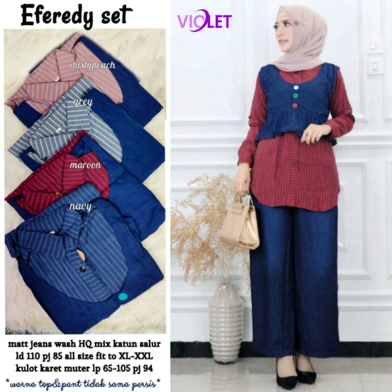Eferedy Set By VIOLET • Setelan Jeans Wanita • Setelan Atasan Blouse Tunik Kulot Celana Panjang Jean