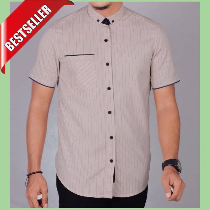 Kemeja cowok Lengan Pendek Polos coklat mudah Kerah Sanghai Mat Katun List Hitam