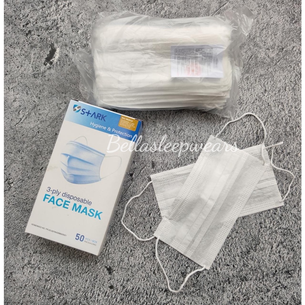 MASKER 3PLY STARK PUTIH WHITE PP 50 NON WOVEN EARLOOP DISPOSABLE FACE MASK ISI 50 PC