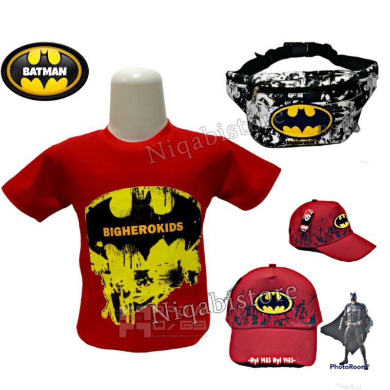 Baju anak kaos laki-laki karakter Batman gratis waistbag topi - baju anak