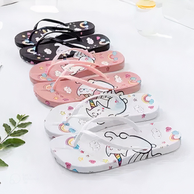 ( BISA COD ) SANDAL JEPIT SPON SENDAL SEPIT MOTIF PELANGI KUCING UNICORN BISA GROSIR