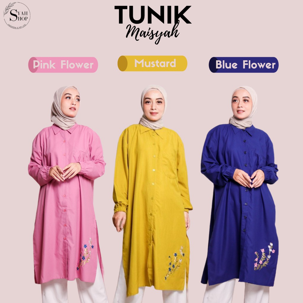TUNIK WANITA MAISYAH ATASAN TUNIK MUSLIM MOTIF FULL KANCING LENGAN PANJANG katun rayon