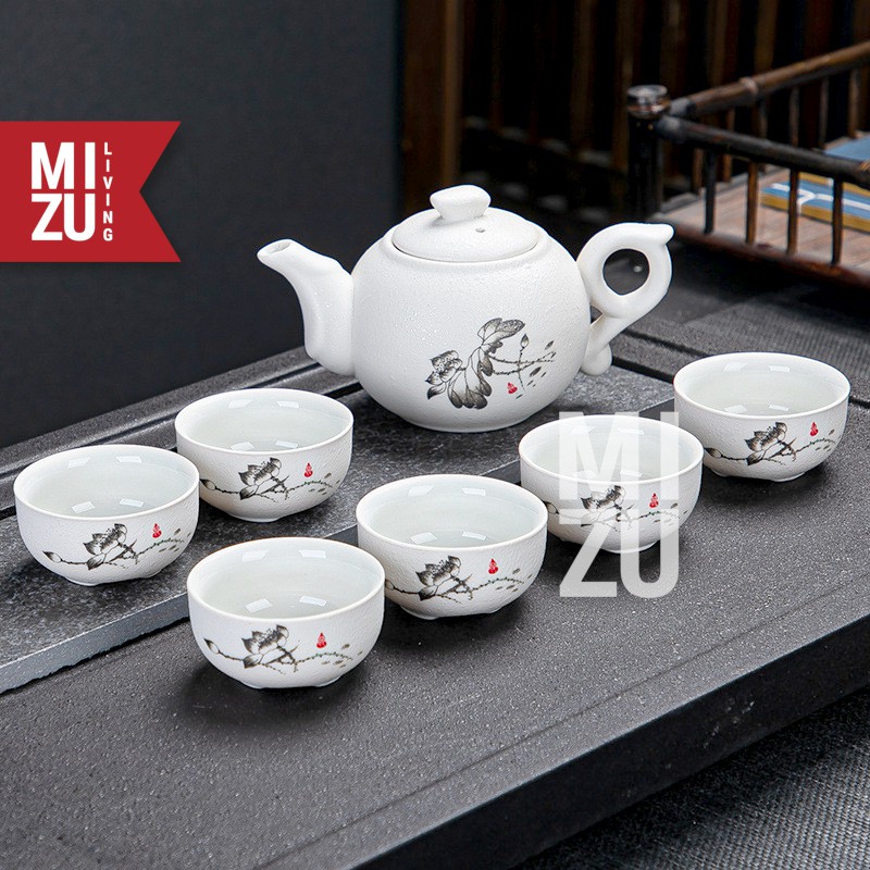LOTUS Classic Chinese Tea Pot SET 6 Cups Textured Ceramic With Gift Box Teko 6 Cangkir Teh Keramik-7