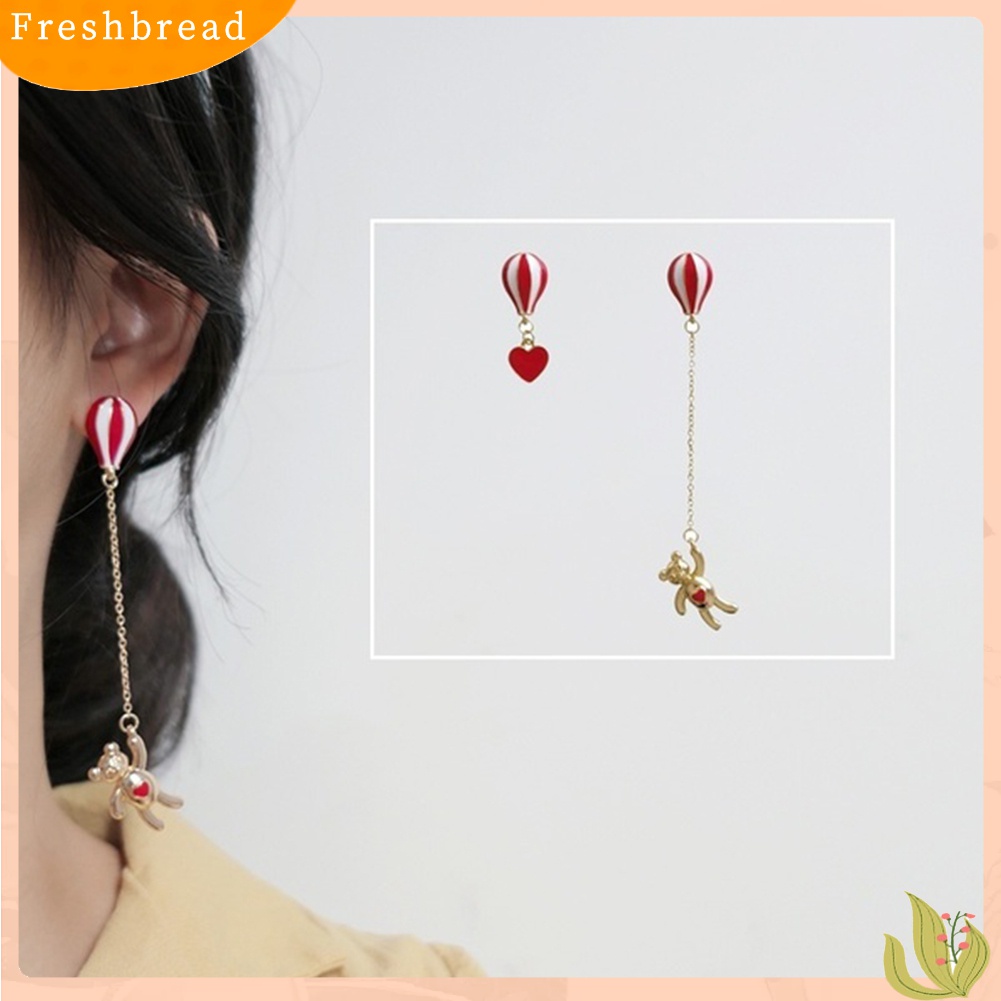 Fresh| Anting Tusuk Gantung Asimetris Desain Hati / Beruang / Balon Udara Untuk Wanita