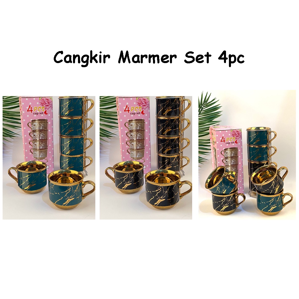 Cangkir Kopi Set Keramik Besar 230CC Isi 4pc Gold Motif Marmer