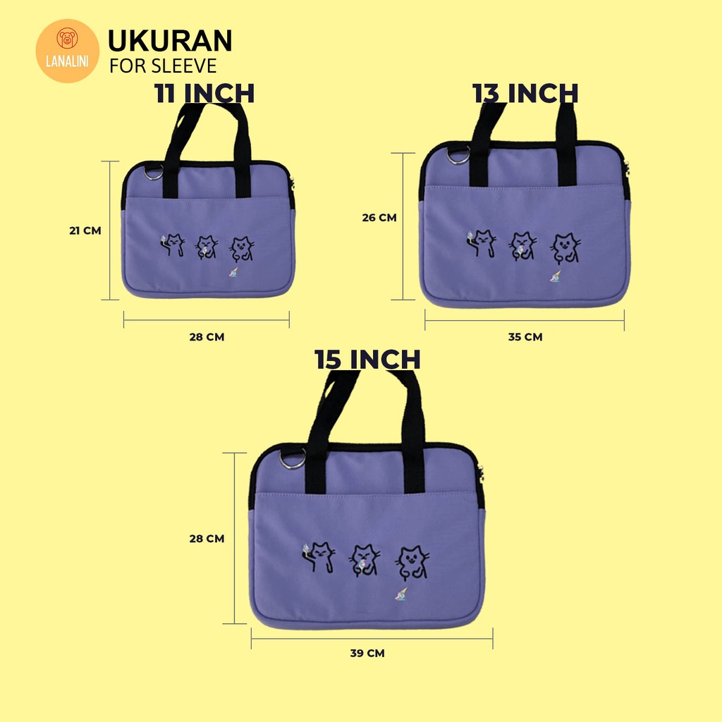 Sleeve Pouch Sarung Tas Bag Case Ipad Tab Tablet Macbook Air Pro Laptop Asus Acer Lenovo HP Huawei 11 12 13 14 15 inch Motif Gambar Kartun Bear Cat Warna Coklat Khaki Purple Ungu Cute Murah Korean Model Jinjing Tali Strap Selempang