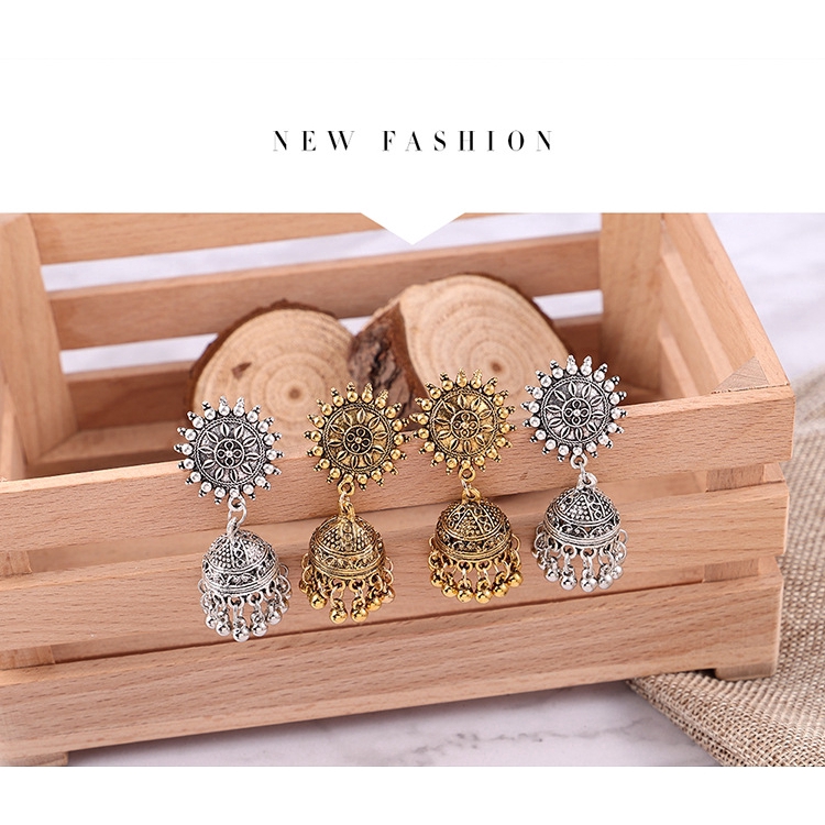 Mode India Logam Emas Sliver Eksotis Vintage Retro Dewa Matahari Anting Rumbai Dangle