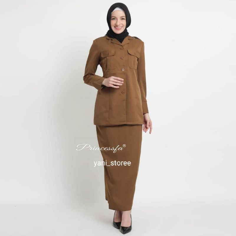 Seragam Dinas Wanita Kantong Dada Pemda Tua Setelan Rok Span Blazer Pemda Baju Guru Khaki Tua Seraga