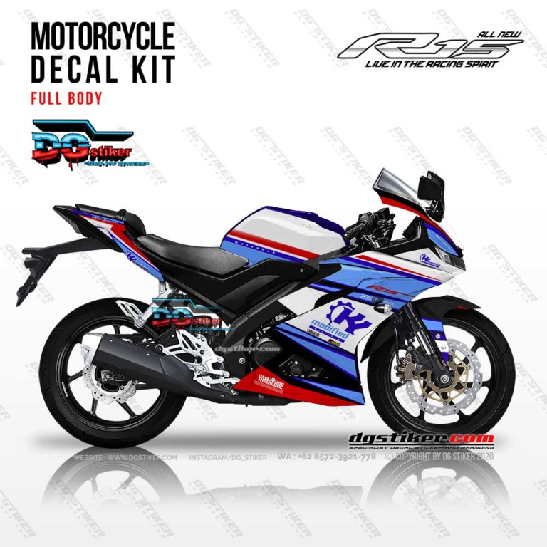 Decal Striping Full Body R15 V3 Putih Biru Modified DG Stiker