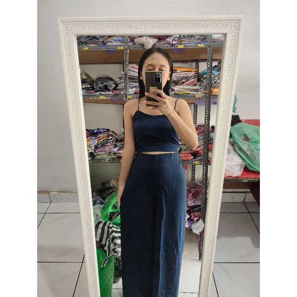 ONE SET KULOT PATTERN // SETELAN TANKTOP FLOWERY-Navy polos