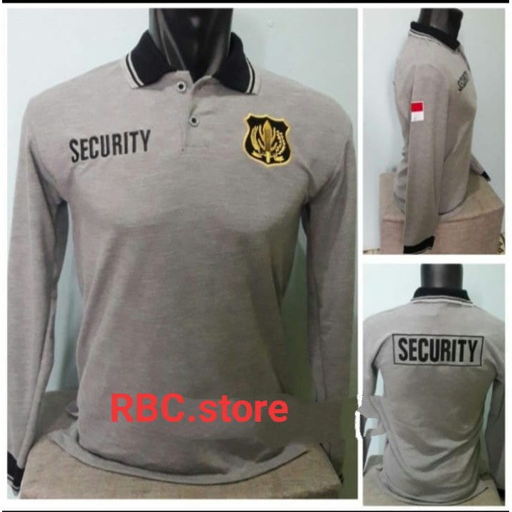 KAOS KERAH SECURITY LOGO KUNING ABU LENGAN PANJANG FULL BORDIR