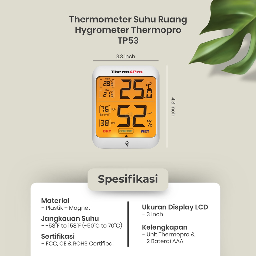 THERMOMETER HYGROMETER HUMIDITY | TERMOMETER SUHU RUANG THERMOPRO TP53