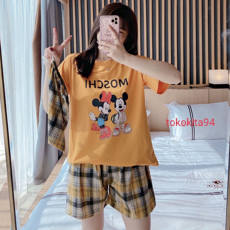 Piyama Korea Import Lengan Pendek 1 Set Free Pouch - Pakaian Wanita Korea Import - Baju Tidur Pakaian Wanita 3 in 1