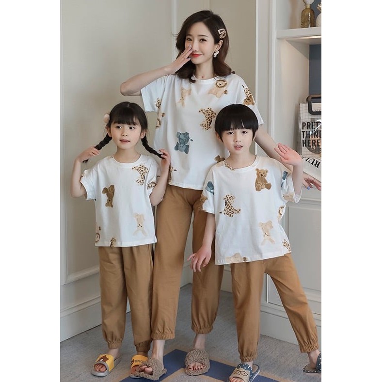 Baju tidur piyama atasan kaos celana panjang anak dan dewasa unisex kembar motif beruang