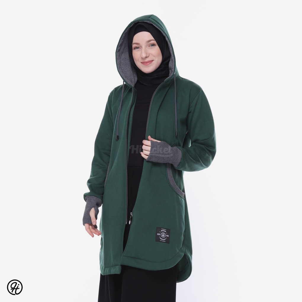 HIJACKET ELEKTRA | HIJAKET JAKET HIJAB PANJANG WANITA MUSLIMAH SYAR'I-Green