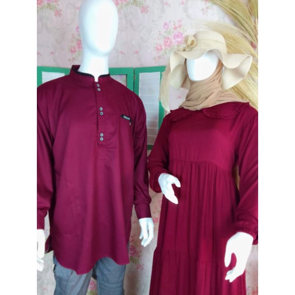 BAJU COUPLE MUSLIM Kemeja Koko Dress Gamis Sarimbit Seragaman Maroon